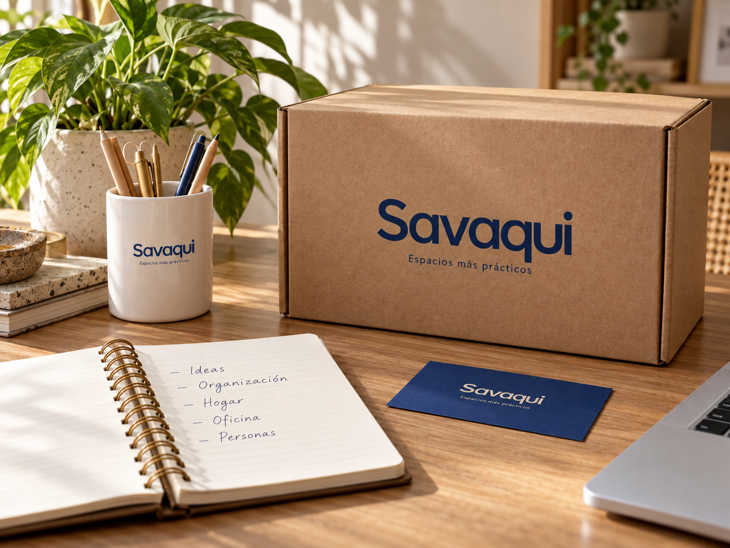 Composición ilustrativa con empaque, libreta e ideas de organización Savaqui